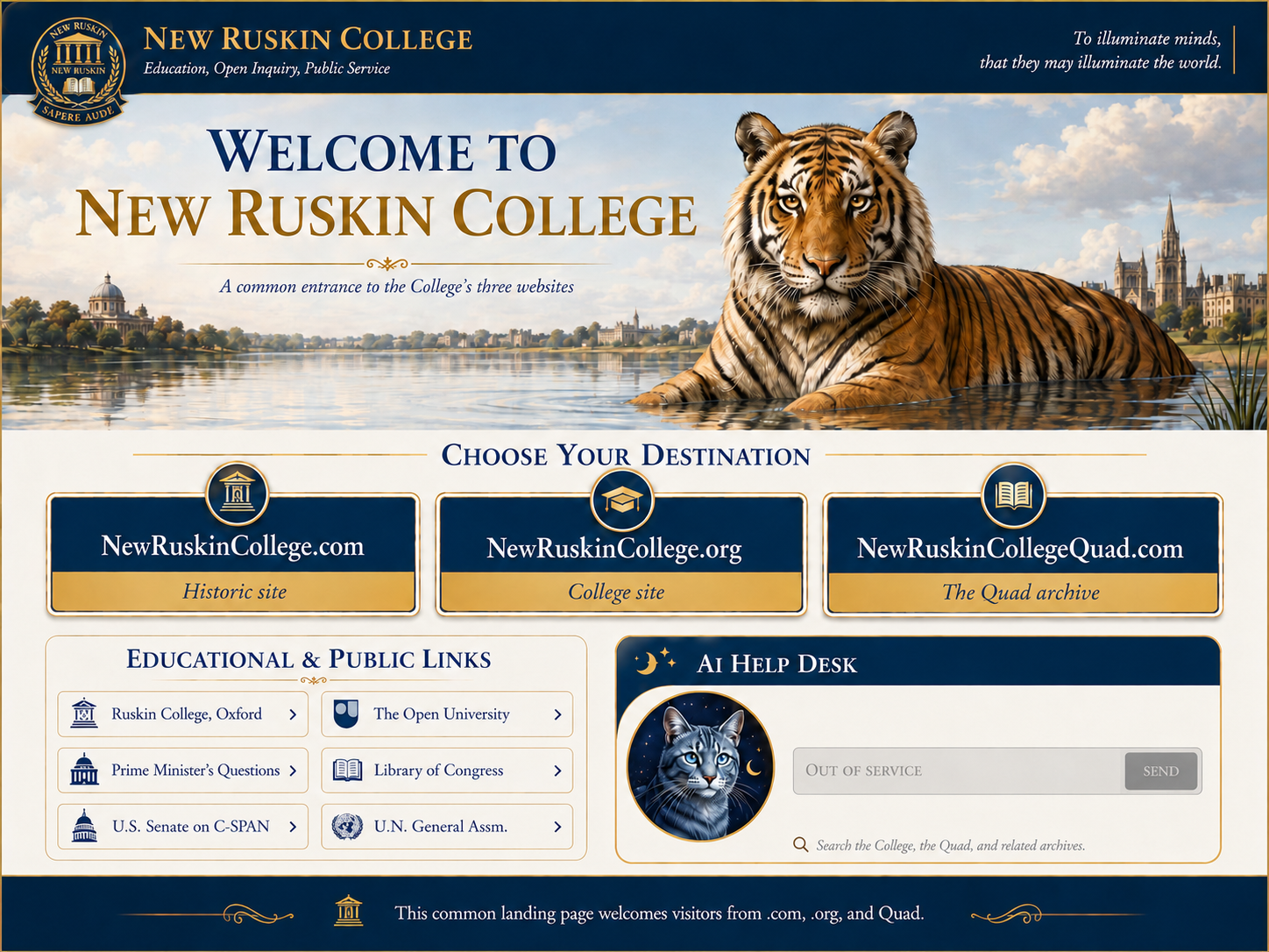 New Ruskin College common landing page with a tiger in water, three website destinations, public links, and an AI Help Desk marked out of service.